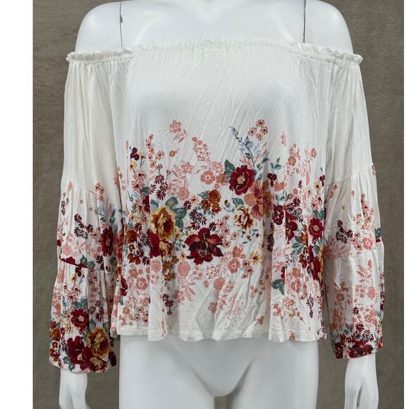 Coco + Jaimeson Top Womens Medium Cream Floral‎ Off the Shoulder Boho Romantic - Picture 1 of 13
